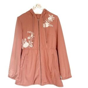 Solitaire Women's Floral Embroided Long Zip Hooded Sweatshirt Jacket Pink S